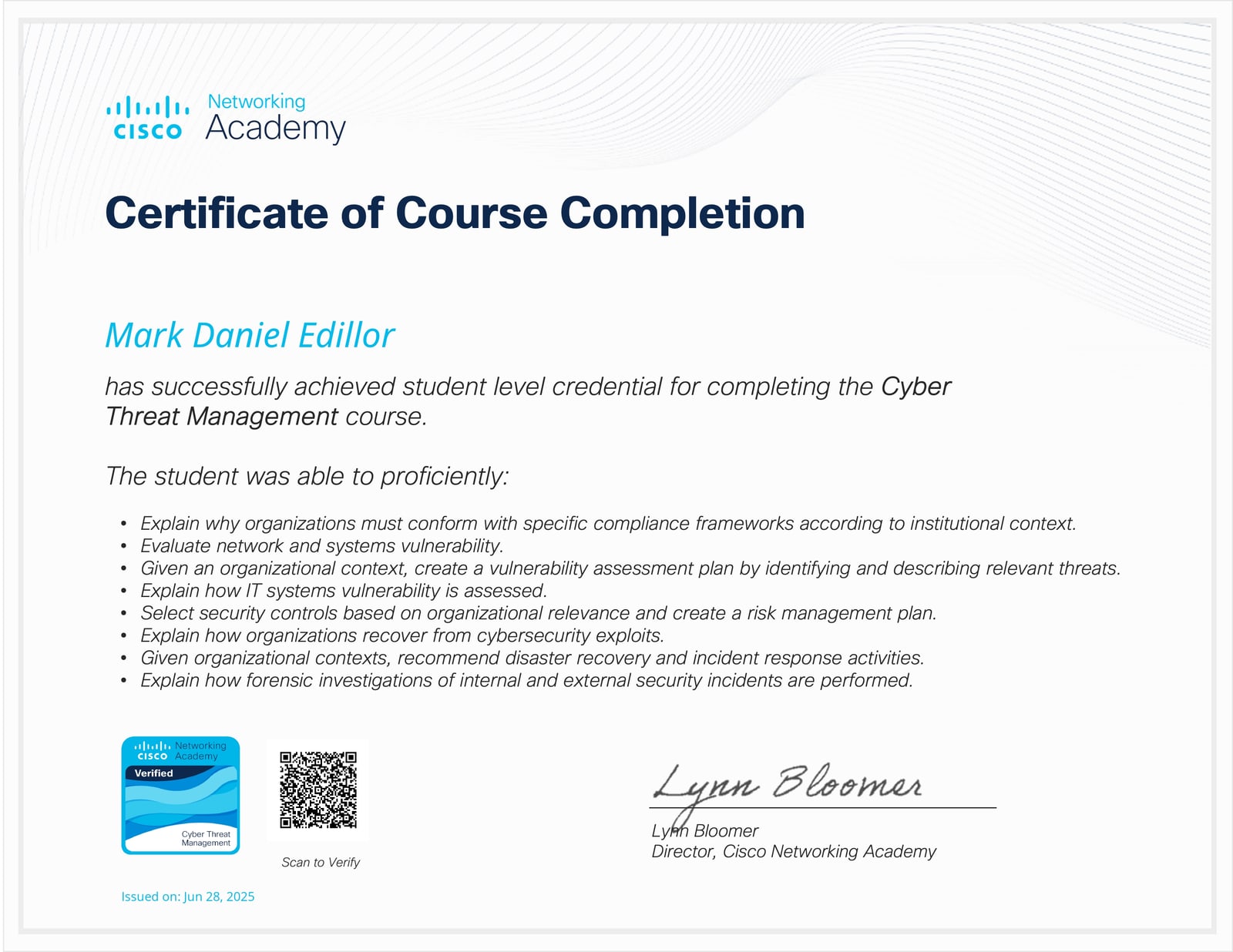 Cyber Threat Management certificate, issued to Mark Daniel Edillor