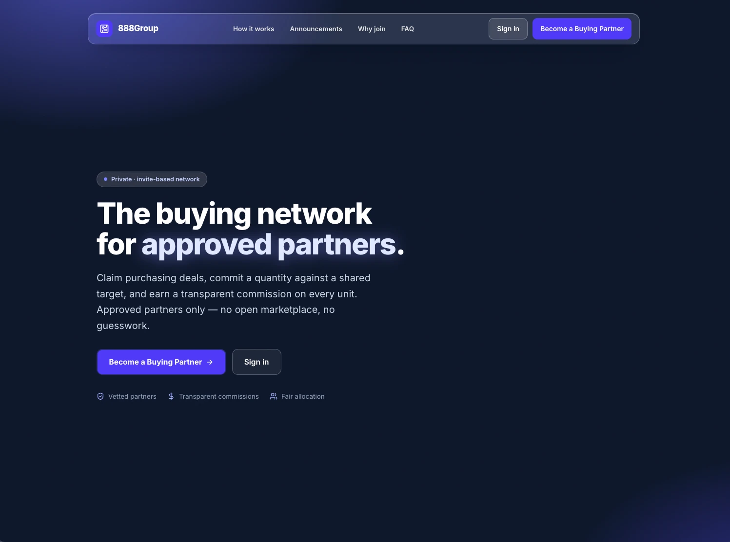 888Group Runner Portal landing page for buying partners