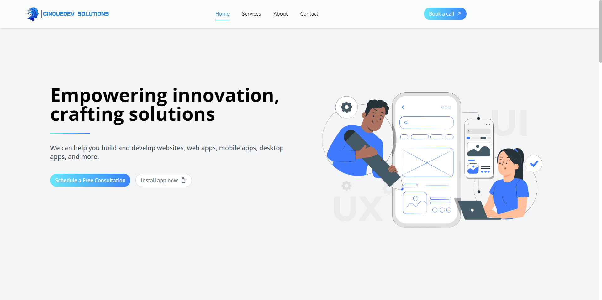 CinqueDev Solutions home page: empowering innovation, crafting solutions