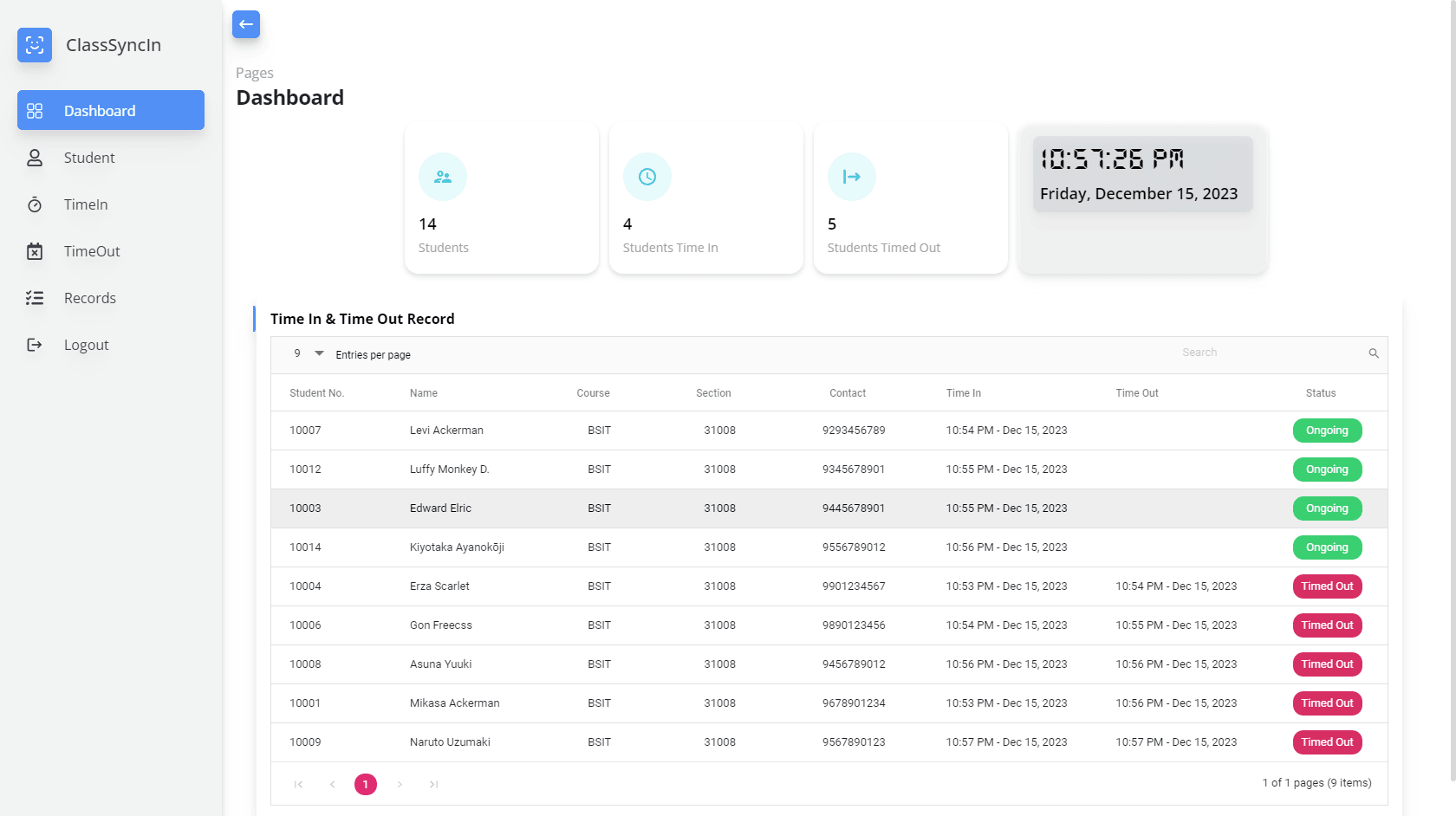 Class Sync In dashboard with the time in and time out record