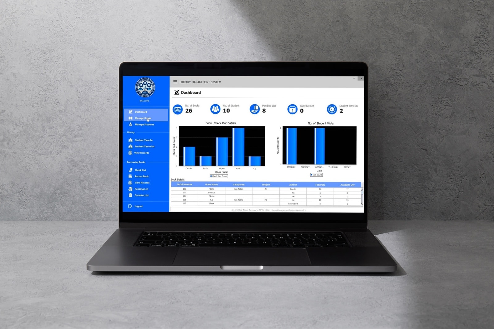 Library management system dashboard on a laptop