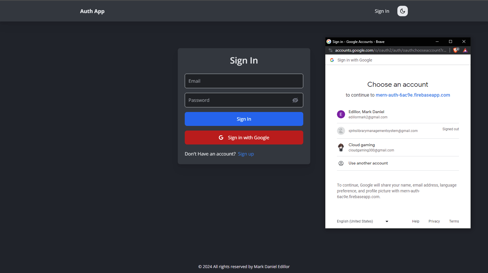 Sign-in page with a Google account chooser
