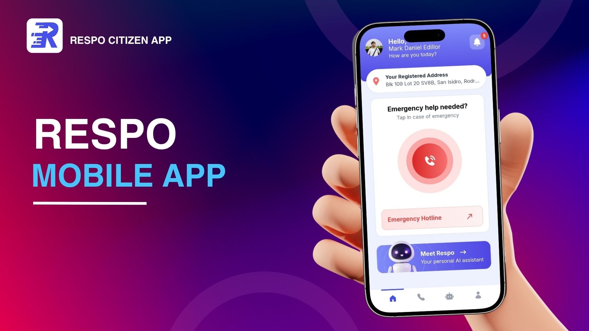 The RESPO citizen app on a phone, open to its emergency help button