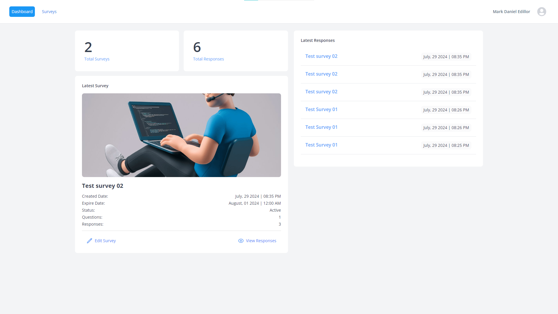 SurveyForm dashboard with survey and response counts and the latest survey